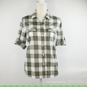 Sonoma Green Plaid Button Top